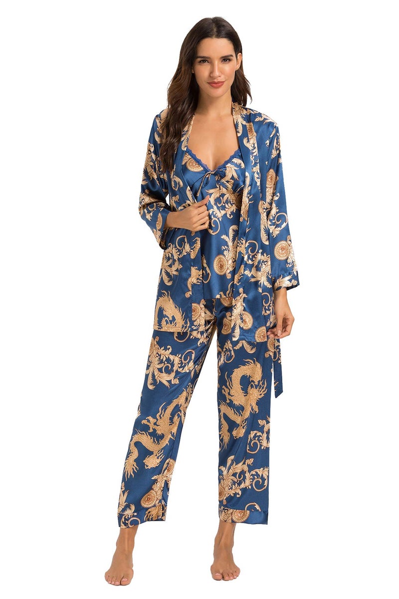 Escalier Women's Silk Satin Pajamas Set 3 Pcs Floral Silky Pj Sets Sleepwear Cami Nightwear with Robe and Pants Navy L - Image 1